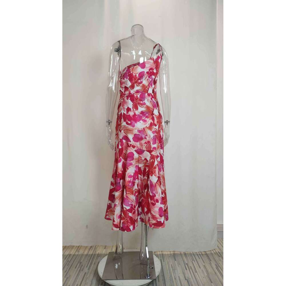 Sample Of Women's Commuting Simple Printed Diagonal Collar Ruffle Edge Dress KLMY