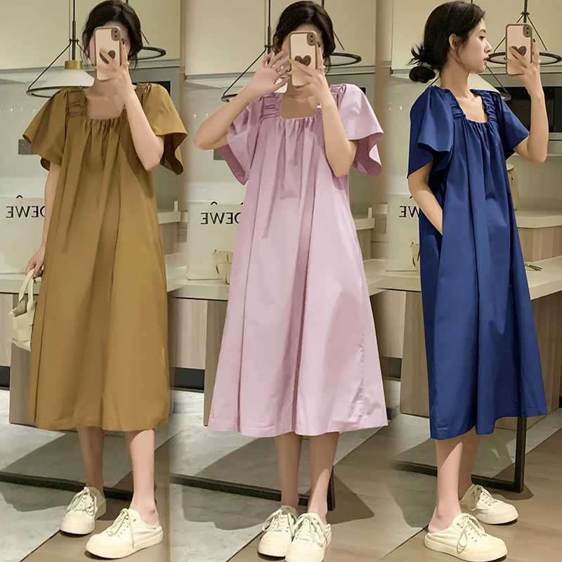 Korean Style Plus Size Maternity Dress with Pockets Solid Color Flying Sleeve Square Collar Pregnant Woman A-Line Dresses LooseT250311