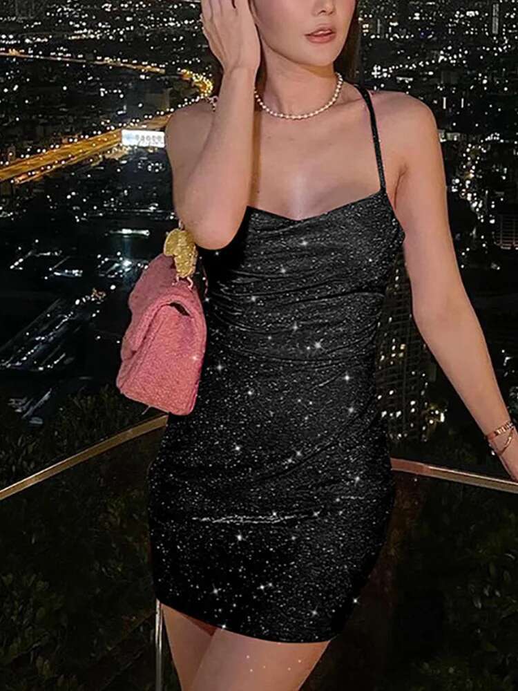 Allneon 90S Rave Outfit Glitter Cowl-Neck Lace Up Sequins Y2k Clubwear Sexy Backless Bodycon Strape Mini Dress Party Cloth