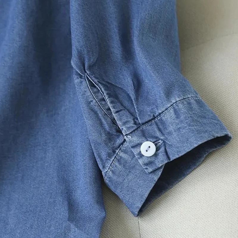 Blue denim Lyocell casual Vneck single chest quarter sleeved womens shirt Korean fashion top 250310