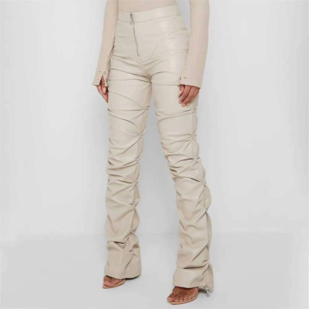 Fashion Tight PU Leather Women Pants Slim Personality Folding Micro Cropped Pants Female Four Seasons Street Wear PU Long Pants 250305