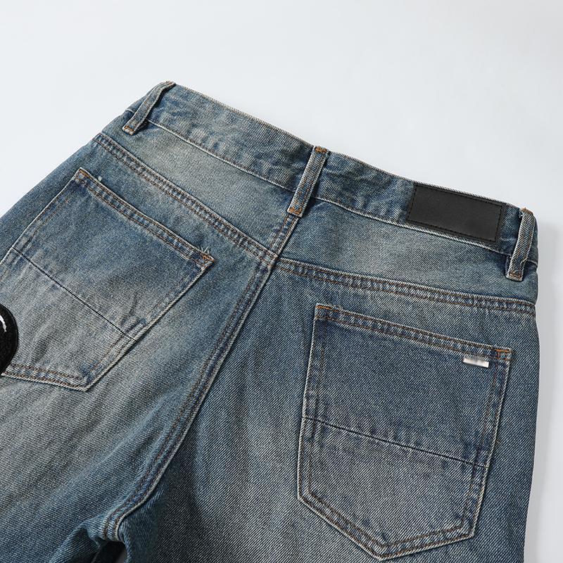 AM New Street Blue Splicing Embroidered Badge Small Foot Micro Elastic Men s Middle Waist Jeans Fashion Designer 2025 New Outdoor Casual Pants