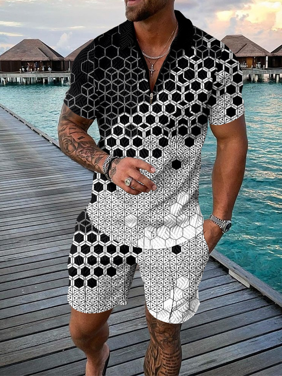 2024 mens new casual contrasting POLO zipper lapel shirt short sleeved set