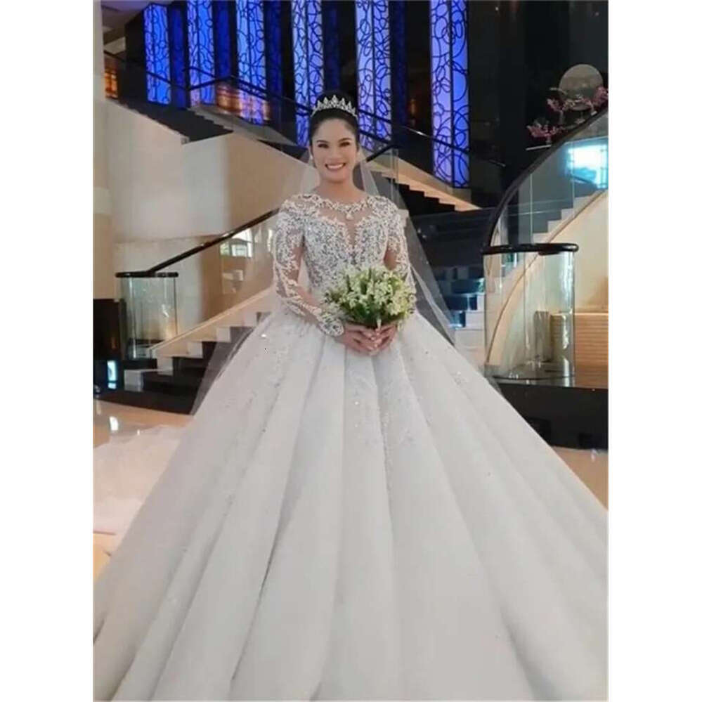 Pcs One Urious Beadings Appliques Ball Gown Wedding Dresses Sexy Sheer Sleeves Beads Ruched Long Train Bridal Gowns