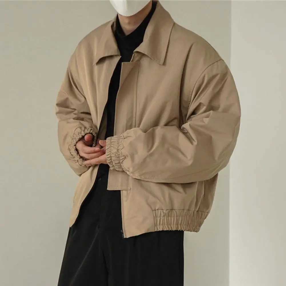 Washable Trendy Solid Color Lapel Collar Men Jacket Polyester Men Trench Coat Casual for TripT250311