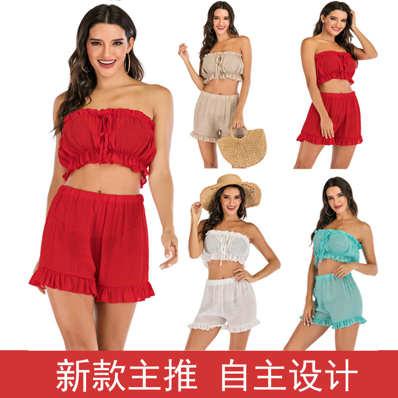 Fashion Women's With Bow Tie, Elastic Rope, Fungus Lace, Chest Wrapped, Strapless Shorts, Two-Piece Set