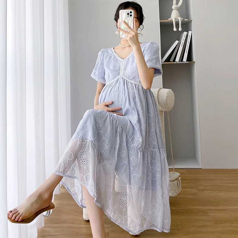 Korean Style Maternity Dress 2022 New Dress Temperament Fashion Lace Long Skirt Pregnant Mother High Waist Hollow Summer SkirtT250311
