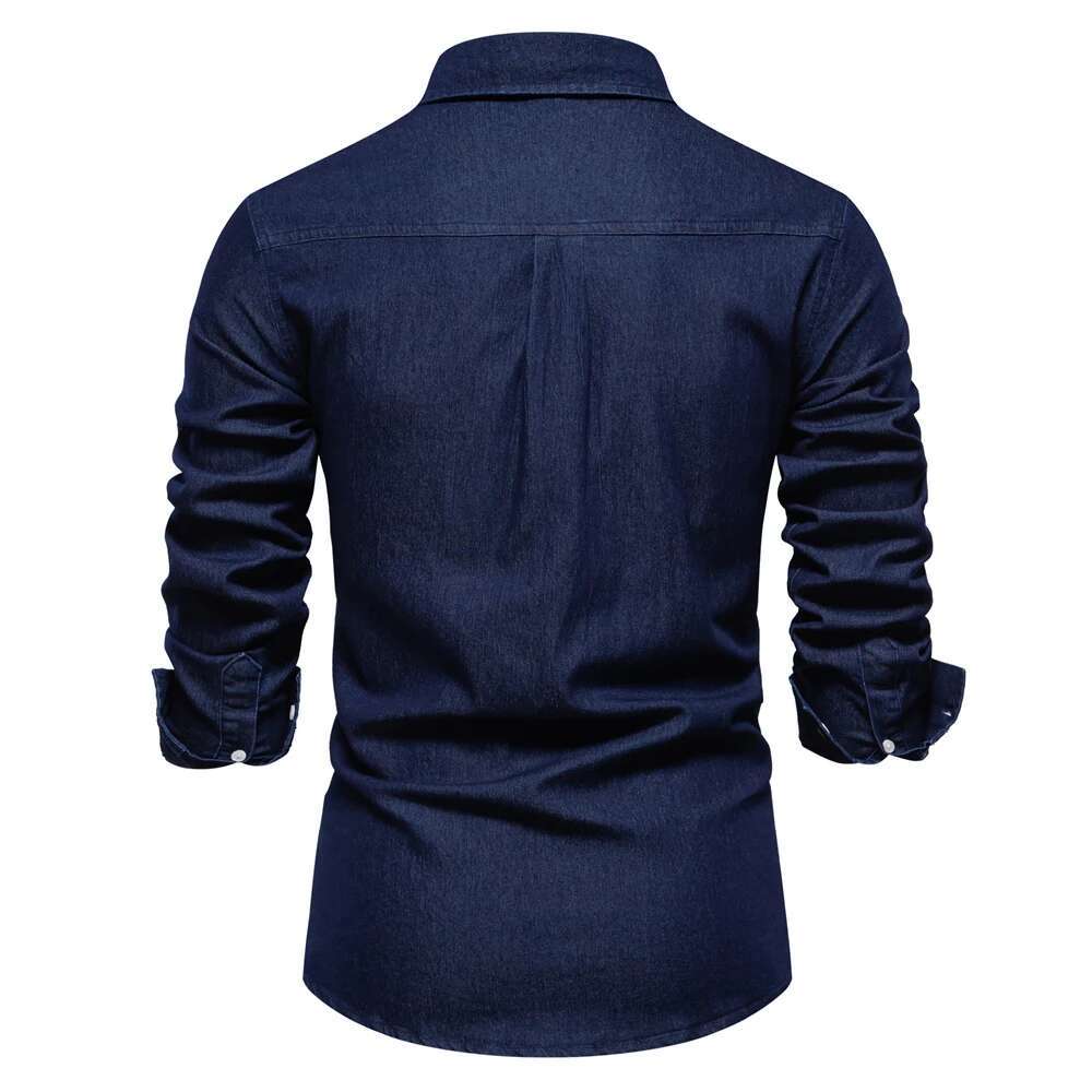 New Autumn Men's Denim Shirt Cotton Elastic Casual Social Design Double Pockets Slim Jeans Shirts For Men