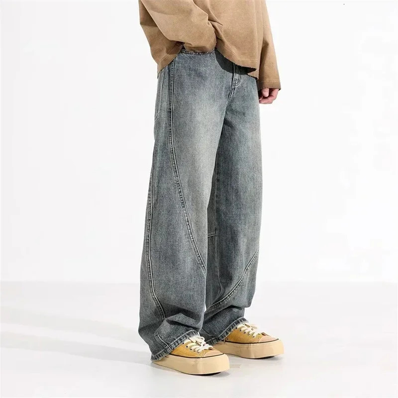 Mens Y2K Vintage Straight WideLeg Jean Casual 3D Splicing Baggy Denim Pants Hip Hop Fashion Streetwear mens jeans 250311