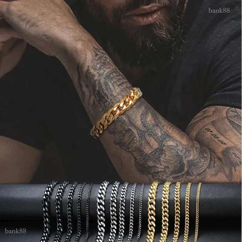 3mm-11mm Mens 14K Gold Plated Bracelet Women Cuban Link Chains Stainless Steel Curb Silver Black Color Wrist Bracelets