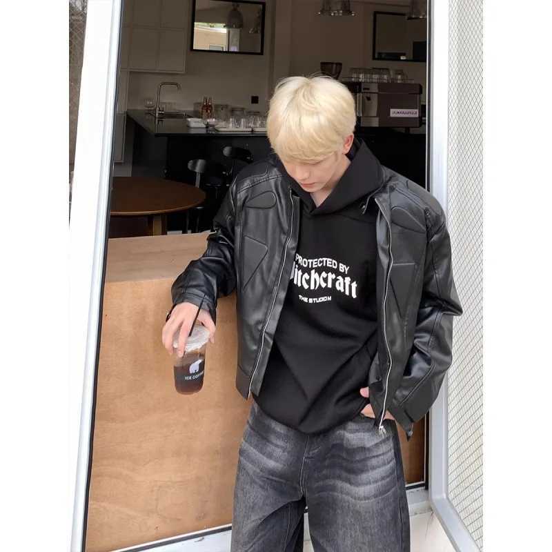 Motorcycle Leather Jacket Men Cropped Korean Fashion Shoulder Pad PU Bomber Coats Male Street Hip Hop Racing Retro Outwear NewT250311