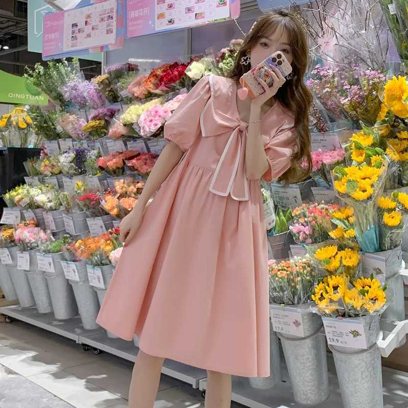 2024 Summer Maternity Dress Sweet Bow Big Lapel Clothes for Pregnant Women Fashion Short Sleeve A Line Loose Pregnancy DressesT250311