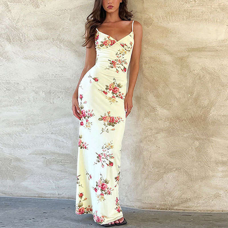 Spring 2025 Women's V-Neck Suspender Sexy Slim Fit Printed Holiday Style Long Skirt Dress KLMY