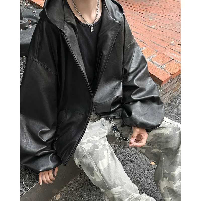 High-End Feel American Style Hooded Leather Jacket For Men Casual Loose Fit Street Motorcycle Fashion PU Leather JacketT250311