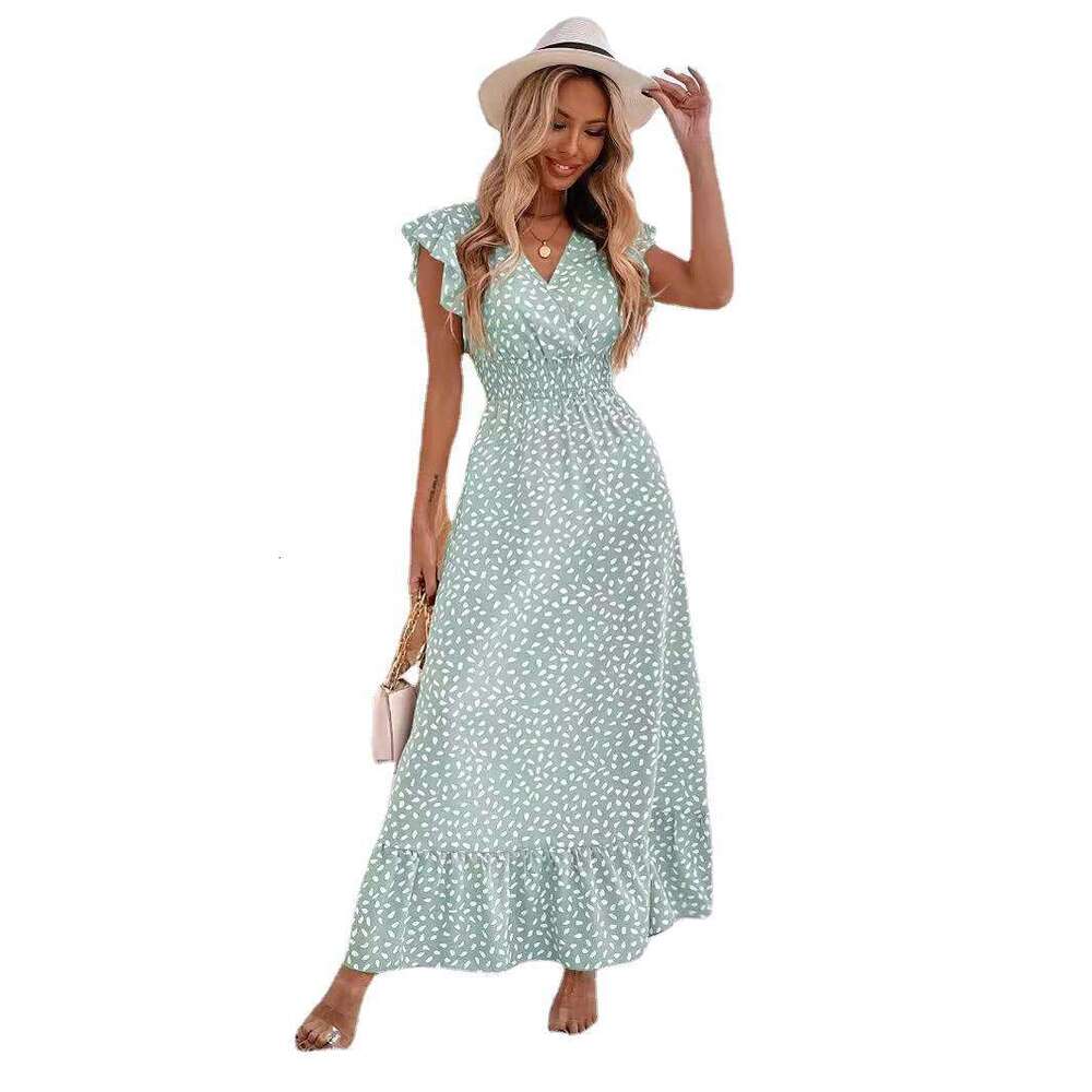 European American women's spring and summer V-neck waist cinched long skirt with ruffle edge dress for women 2025 new style temperament chic eleg