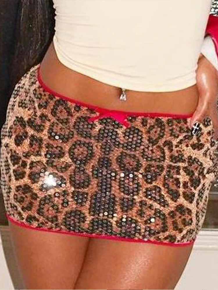 Weird Puss Sequin Leopard Print Skirts Women Y2K Hipster Vintage Sexy Wild Midnigh Coquette Club Party Peach Hip Mini Bottoms 250311