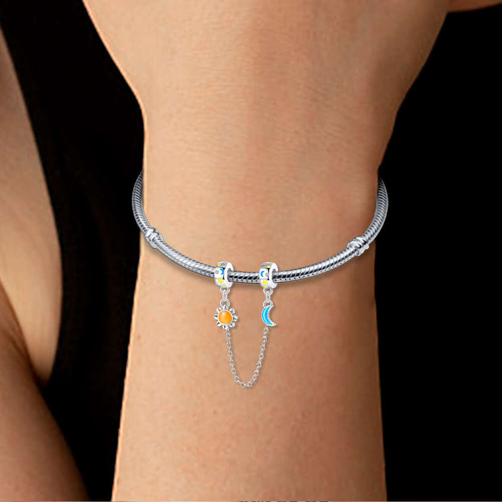 Hot Selling 925 Sterling Silver buckle Charms sun moon luminous safety chain Charm fit bracelet DIY for women new accessory Jewelry gift