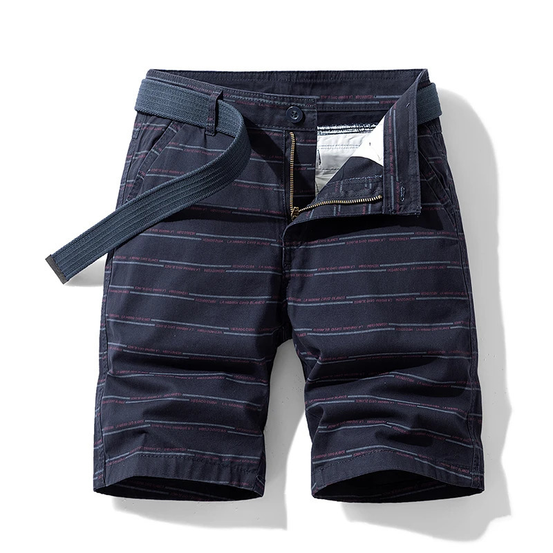 Summer thin striped multi pocket pure cotton workwear shorts mens oversized loose five point casual over knee beach shorts 250310