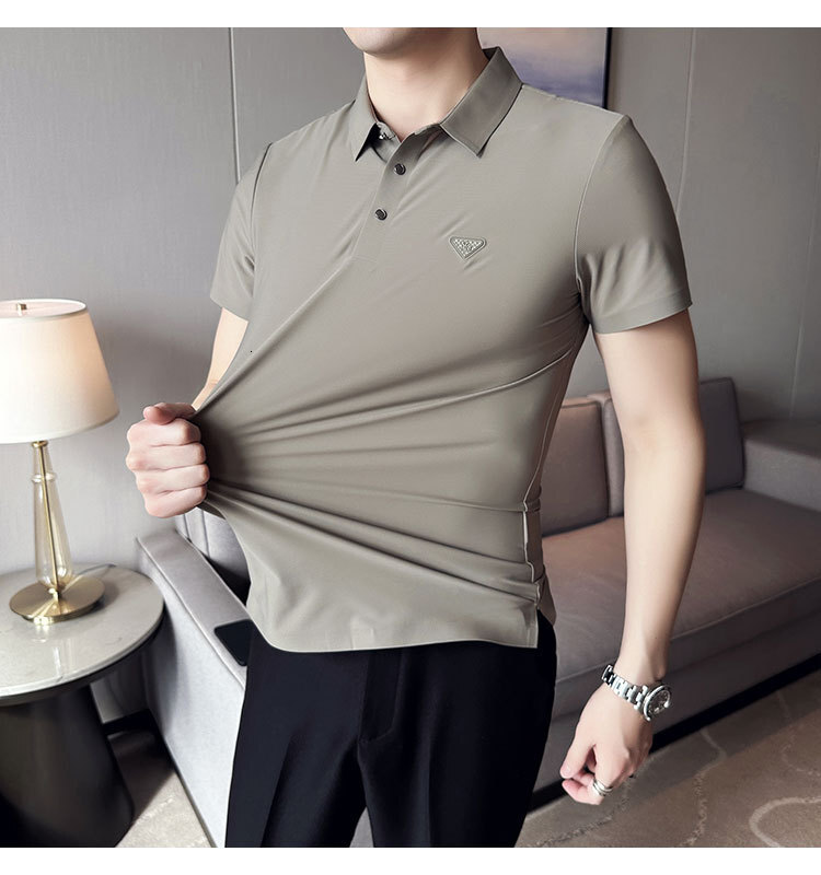 Summer seamless compression glue free short sleeved polo shirt for men, with a sense of ice silk drape, trendy and luxurious men's collar t-shirt