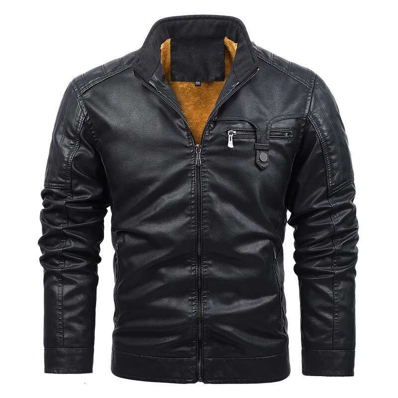 Men's Standing Collar Multi Pocket Jacket With Thickened PU Leather Work Outdoor Motorcycle Riding Clothes
