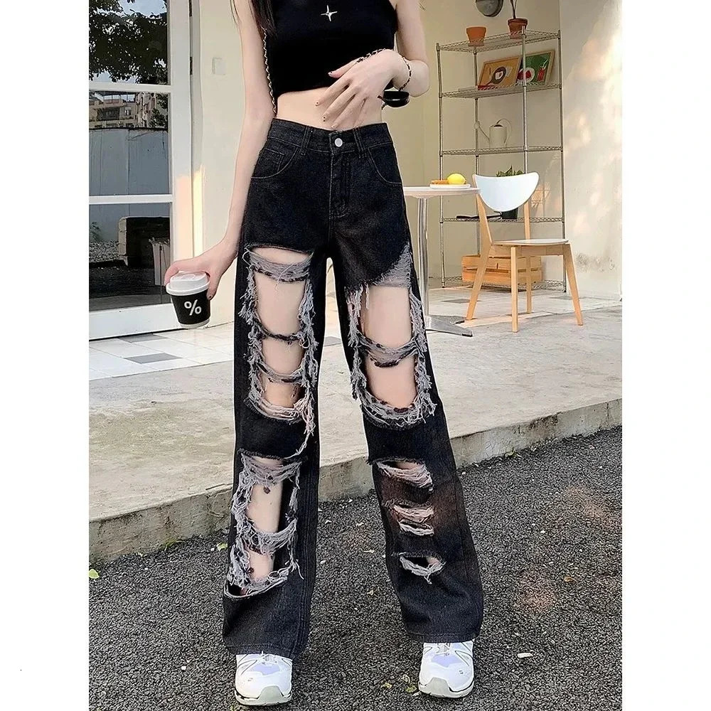 Broken Hole Jeans AllMatch Distressed Women High Street Hip Hop Waist Straight Loose Trousers Y2k Washed Mopping Pants 250311