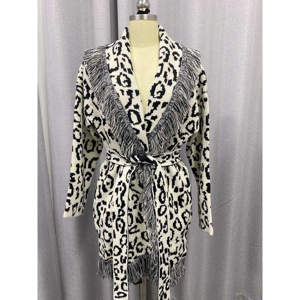 Autumn And Winter Leopard Print Jacquard Cardigan Sweater Wool Blend Loose Tassel Lace Up Knitted Jacket For Women