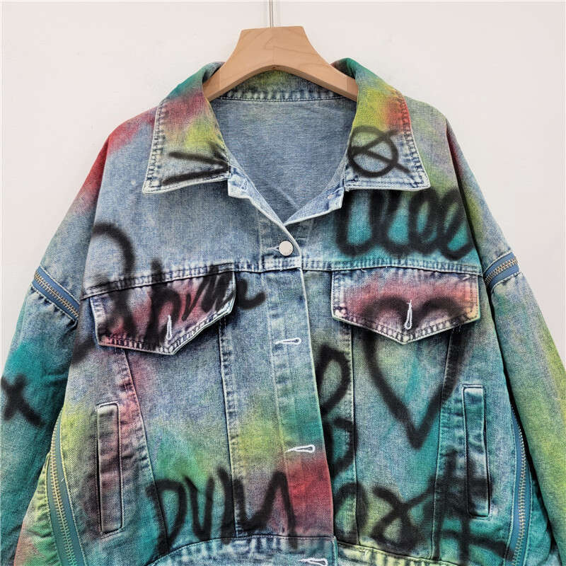 Street Hong Kong Style Silhouette, Short Front, Long Back, Graffiti, Plus Size, Loose, Irregular Denim Jacket, Women's Jacket