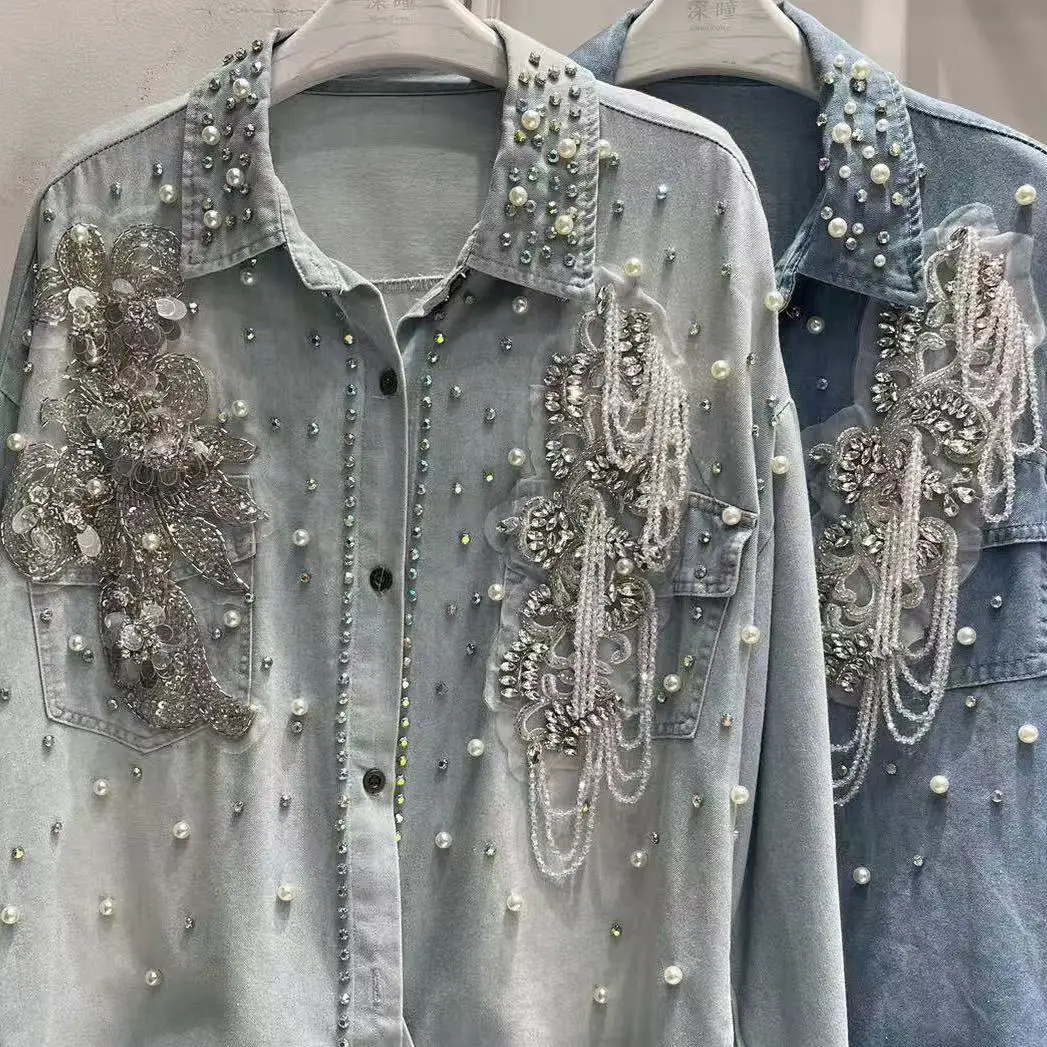 In Autumn Trend Crystal tassel Stitch Denim Shirts and Blouses Womens Loose Casual Top Jacket Woman Clothes 250311