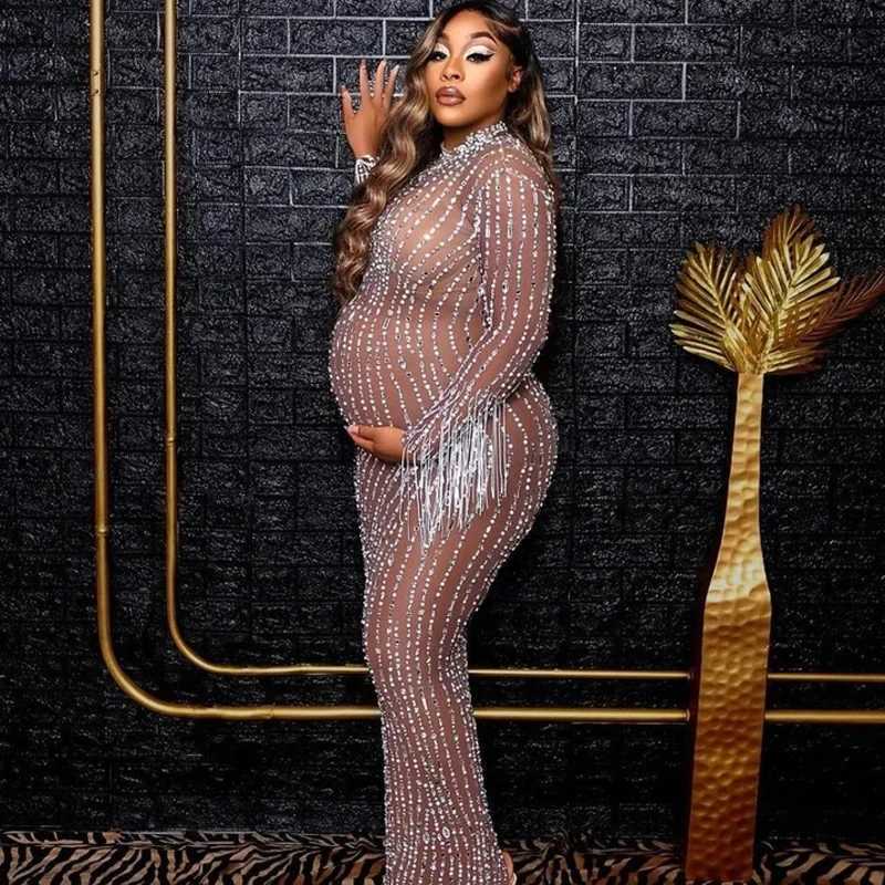 Rhinestone Embellished Maternity Dress For Pregnancy Photoshoot Pregnant Photography Outfit Sexy Stretchy Skinny Women Mesh Gown X250224