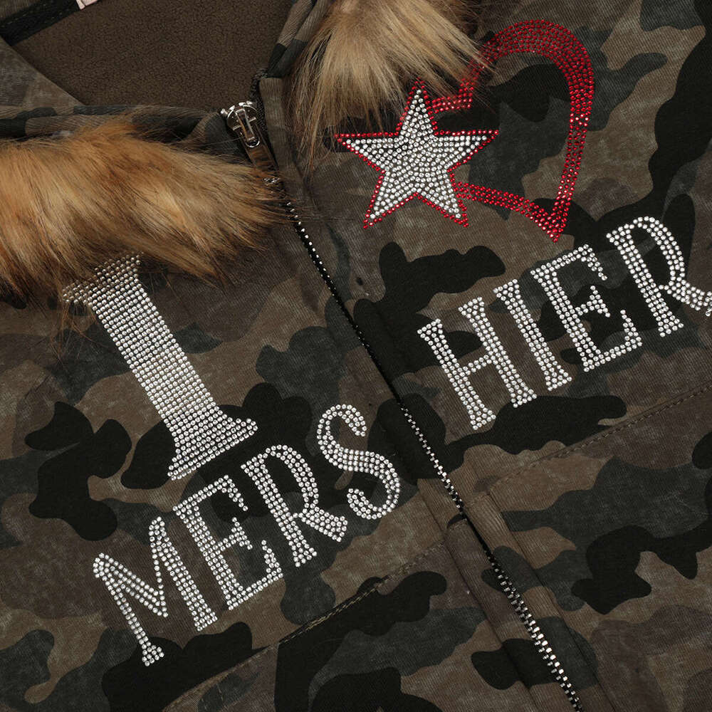 Jia Yi Ku Trendy Brand 2024 New American Hairy Collar Camouflage Hot Diamond Hoodie With Velvet Short Coat Cardigan Sweatshirt