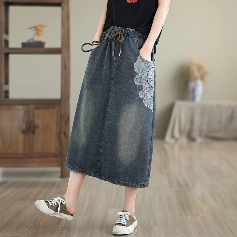 High Waist Denim Long Skirt Women Arrival Spring Vintage Style Floral y Loose Female Casual Aline Skirts S009 250311