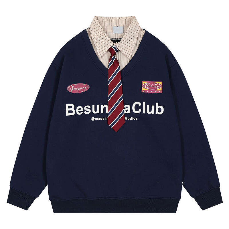 American High Street Fake Two Piece Polo Tie Hoodie For Men Women Spring And Autumn New Loose Korean Lazy College Style Coat