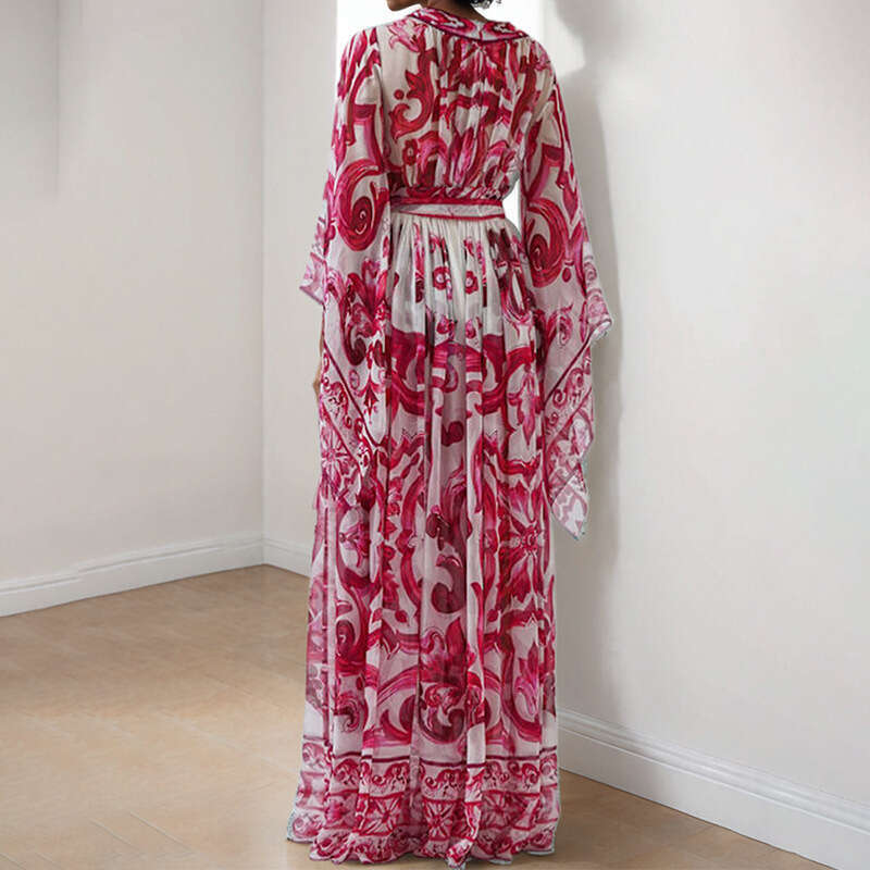 Women's Clothing 2025 Blue White Porcelain Printed Skirt Women, Showing A Slim Elegant Temperament, Long Sleeved And Large Swing Dress For Women 