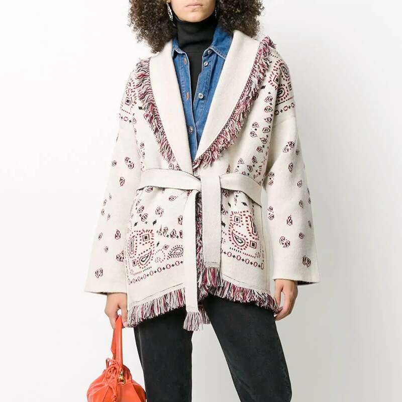 Australian Autumn And Winter Wool Jacquard Sweater Jacket, Niche Tassel Large Lapel Contrasting Mid Length Cardigan