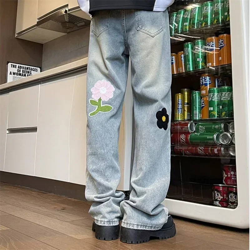 Y2K Vintage Flower ed Jeans For Men High Street Baggy Straight Wide Leg Denim Pants Autumn n Hip Hop Fashion Jean 250311