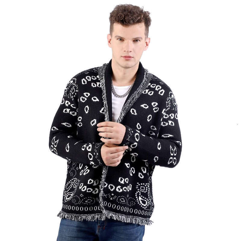 Autumn/Winter Men's Wool Blended Sweater Coat Cashew Flower Jacquard Thick Collar Long Sleeve Tassel Cardigan Trendy