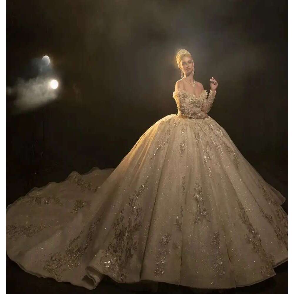 Exquisite Shiny Dress Custom Ball Gown Off Shoulder Sleeve Sequins Train Long Church Wedding Dresses