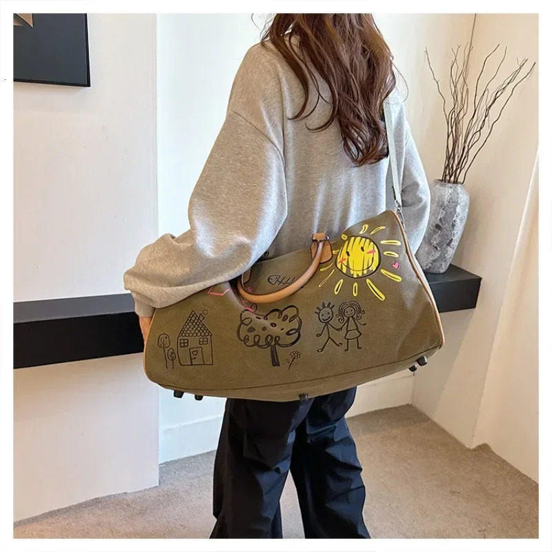 selling canvas zipper travel bag patch work large capacity casual cute shoulder soft Versatile Trendy 250311