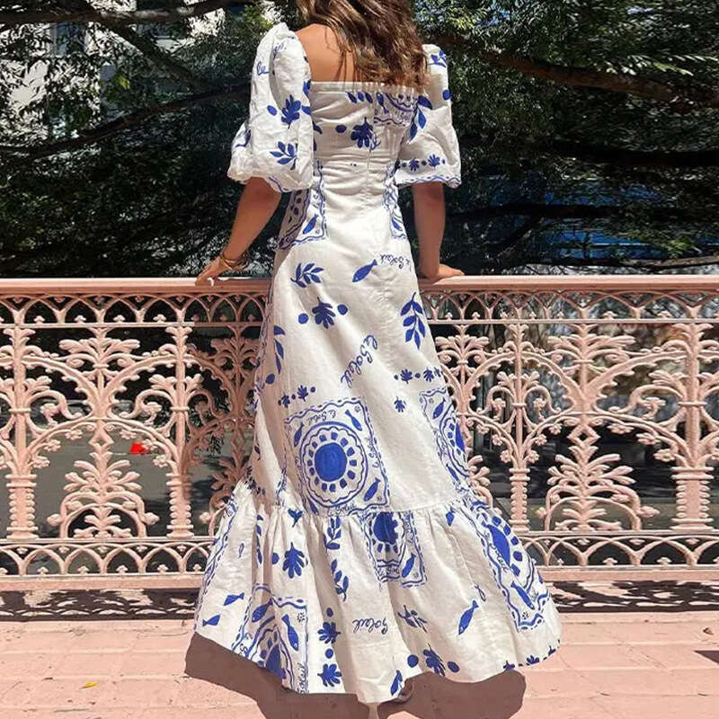 2025 Women's Elegant And Fashionable Printed Lantern Short Sleeved A-Line Large Swing Dress KLMY