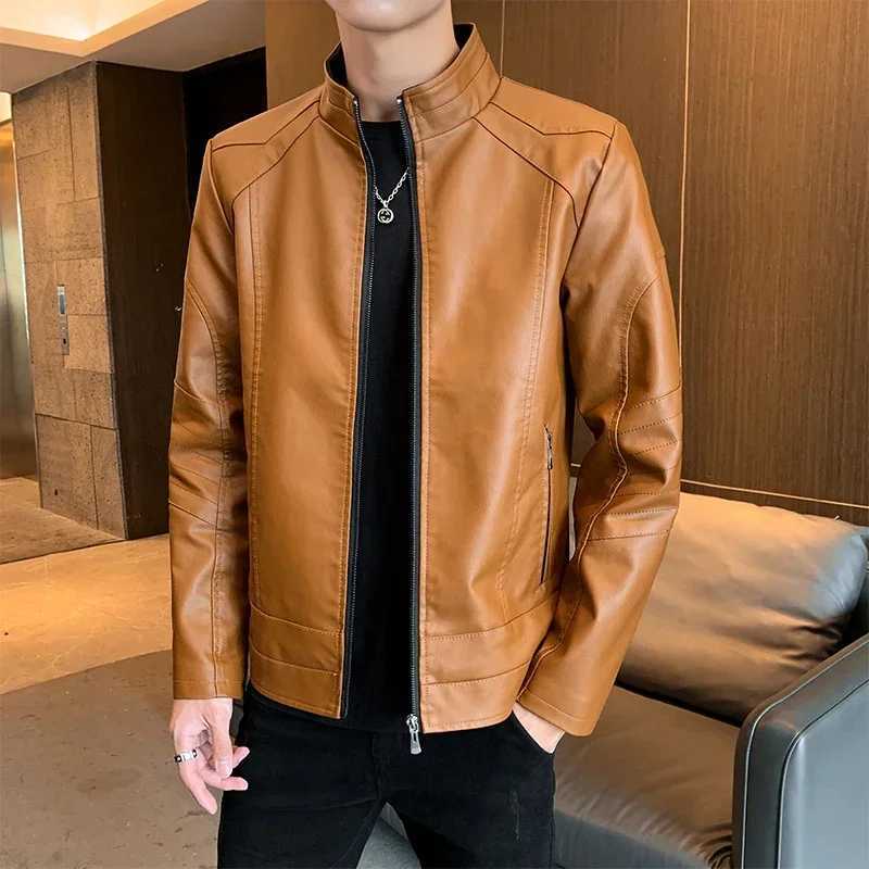 Stand Collar Mens Fashion Leather Jacket Slim Fit Casual Business Leather Jacket Mens Leather Jacket Top Clothing Trend JacketT250311
