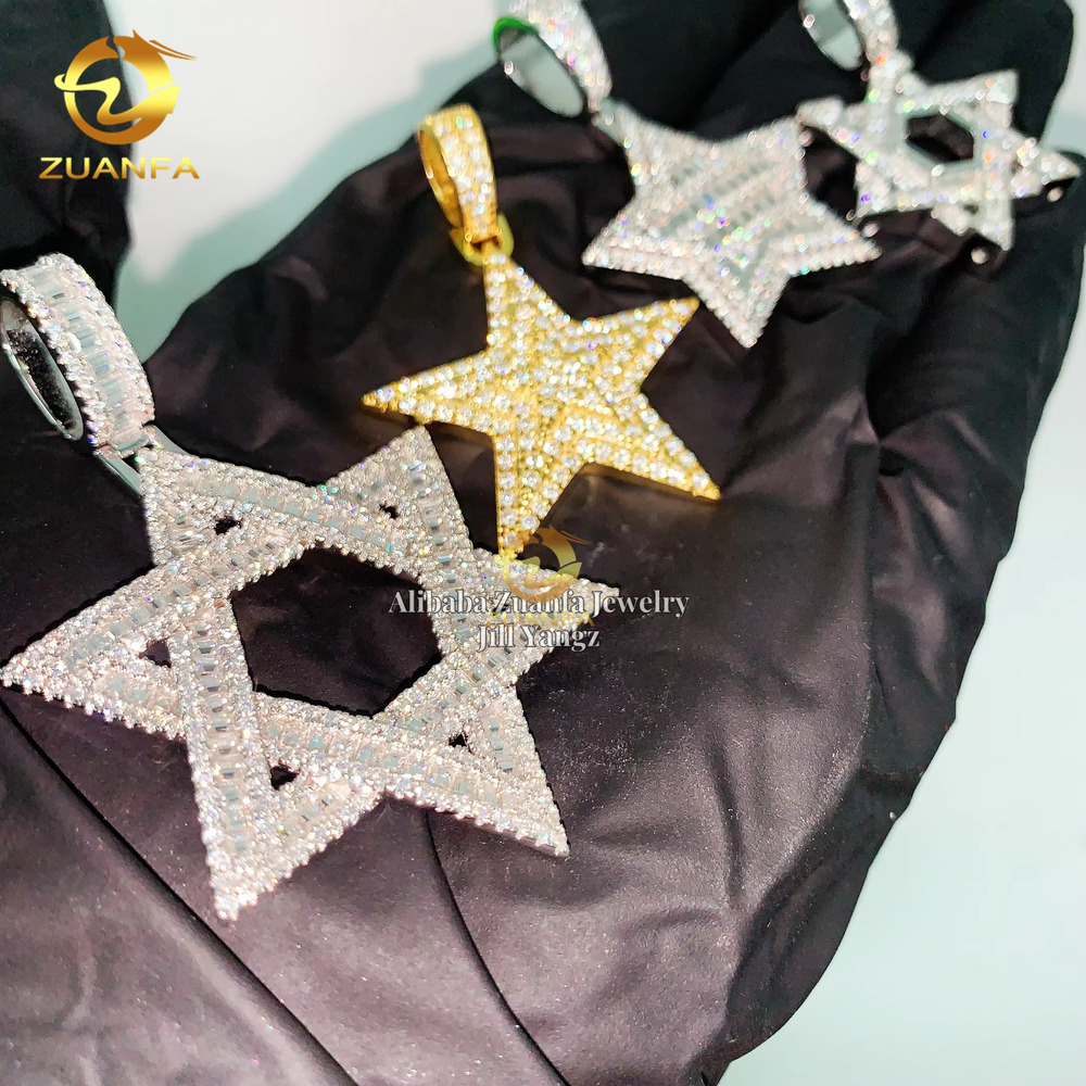 Star of David Pentagon Lucky Charm Golden Star Pendant Moissanite Pendants Baguette Iced Out Jewelry Custom Moissanite Pendant