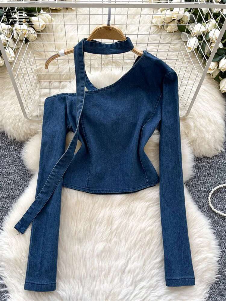 hoodie Hotsweet Denim Blouses Women Long Sleeves Skew Collar Newest Irregular Design Fashion Zipper Autumn Basics Tops jacket