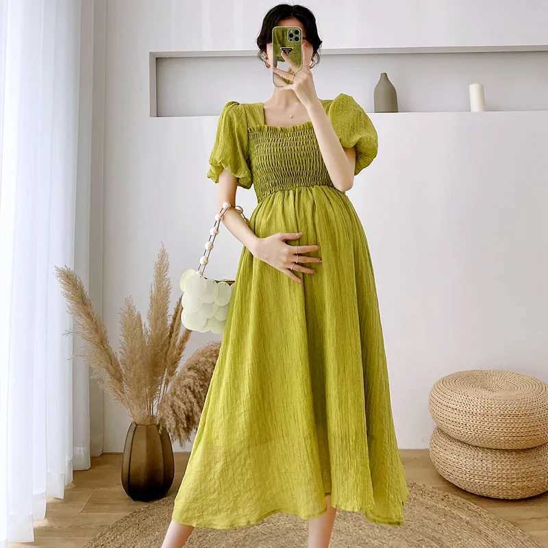 Red Green Maternity Summer Clothes Short Sleeve Square Collar Pregnant Woman Chiffon Dress Elegant Party Dress Pregnancy DressesT250311