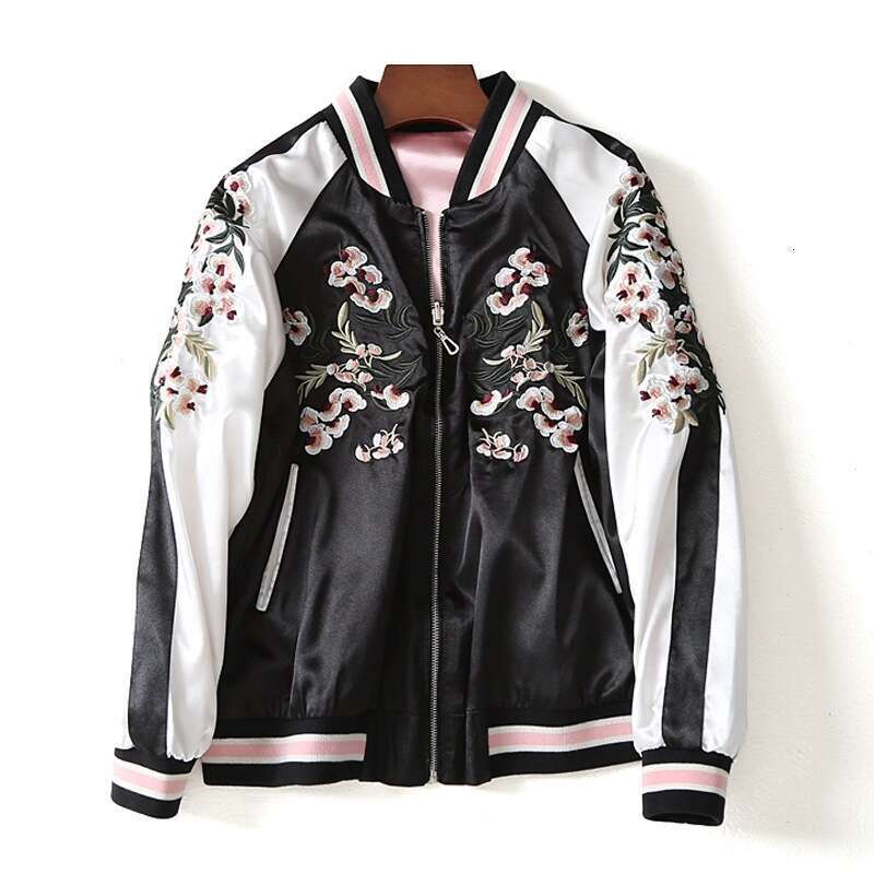 Wind, Spring And Autumn Women's Casual Wear Two Sided Flower Embroidery Colored Stand Up Neck Baseball Suit Jackets For Women