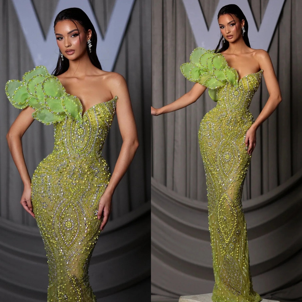 Gorgeous Crystal Evening Dresses One Shoulder Pearls Prom Gowns Rhinestone Beaded Mermaid Customized Sweep Train Formal Occasion Party Dress Vestidos 