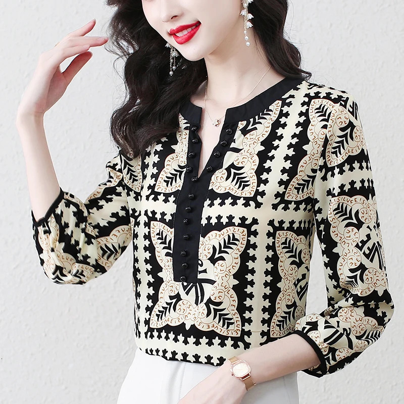 Fashionable 3D rose printed chiffon shirt for spring and summer floral with pleated collar 34 sleeves womens top 250311