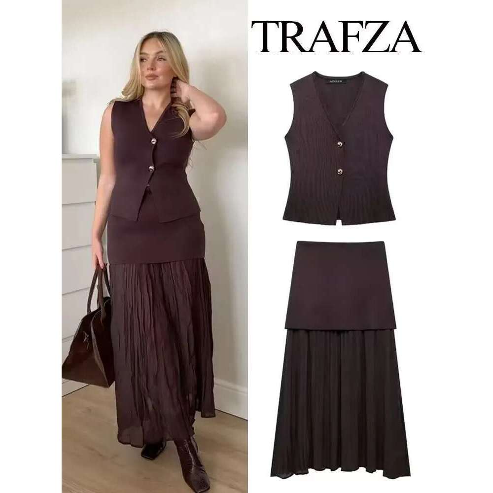 TRAFZA Women 2 Piece Set Chic V-Neck Sleeveless Button Knitted Vest Top+Splicing High Waist Side Zipper Ankle-Length Skirt TRAF