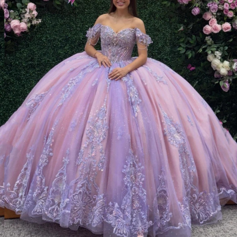 Lilac Shiny Off Shoulder Quinceanera Dresses Applique Lace Beading Tull Corset Party Birthday Sweet 16 Dress Vestidos 15 De Anos