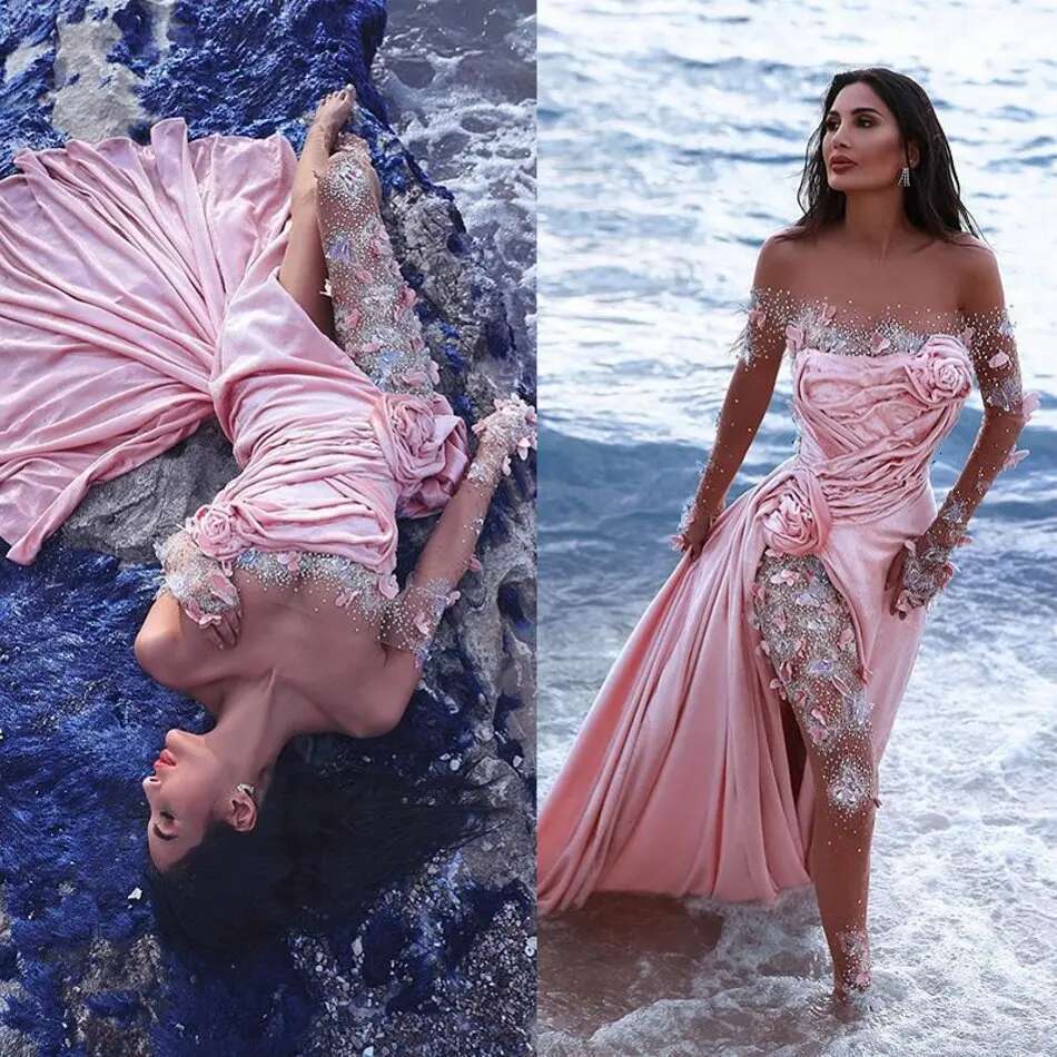 Pink Off-the-Shoulder Arabic Aso Ebi Long Sleeve Evening Prom Dress - Formal Party & Contest Wear
