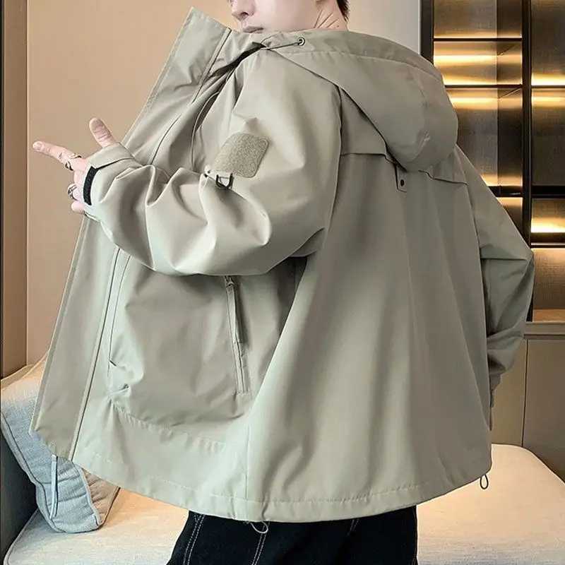 Spring Autumn Fashion Male Clothes Solid Color Jacket Chic Casual All-match Handsome Korean Youth Hooded Loose Waterproof CoatT250311
